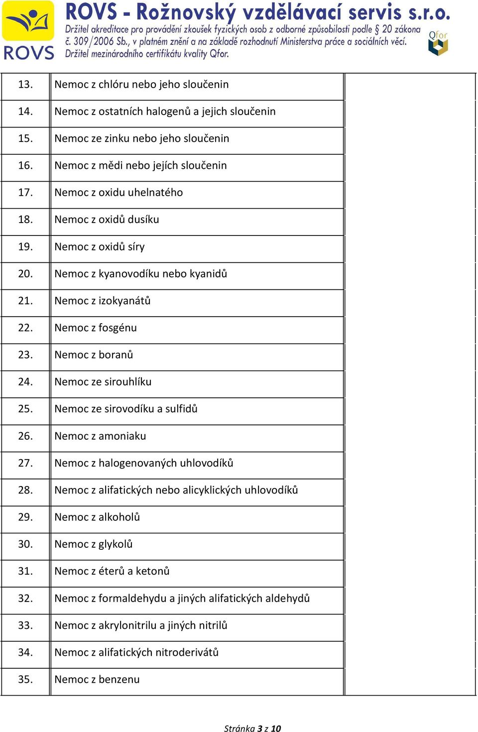 Nemoc ze sirouhlíku 25. Nemoc ze sirovodíku a sulfidů 26. Nemoc z amoniaku 27. Nemoc z halogenovaných uhlovodíků 28. Nemoc z alifatických nebo alicyklických uhlovodíků 29.