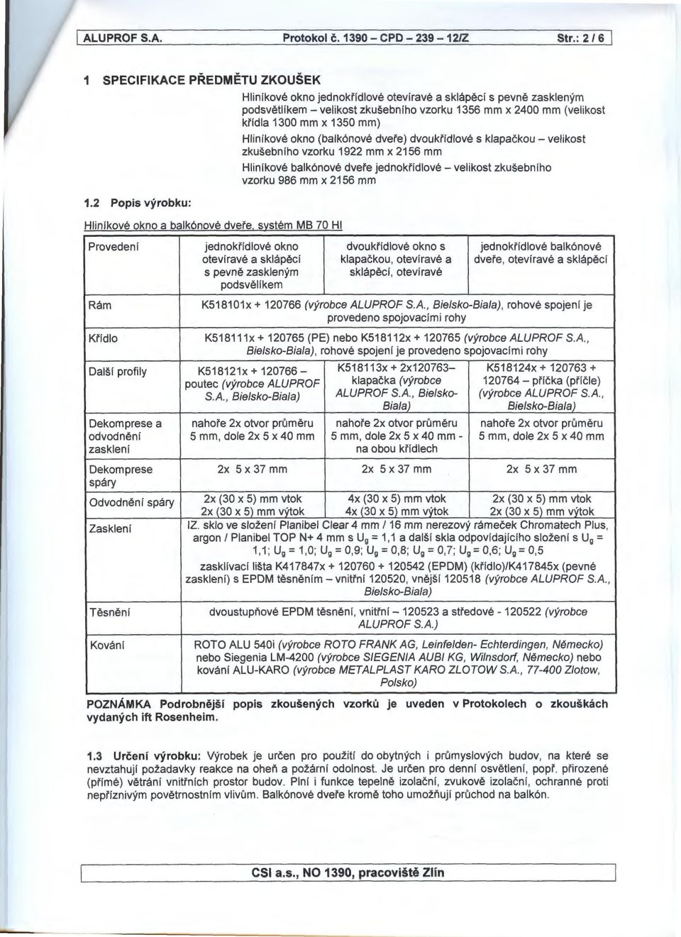 x 350 mm) Hliníkové okno (balkónové dveře) dvoukřídlové s klapačkou- velikost zkušebního vzorku 922 mm x 256 mm Hliníkové balkónové dveře jednokřídlové- velikost zkušebního vzorku 986 mm x 256 mm I