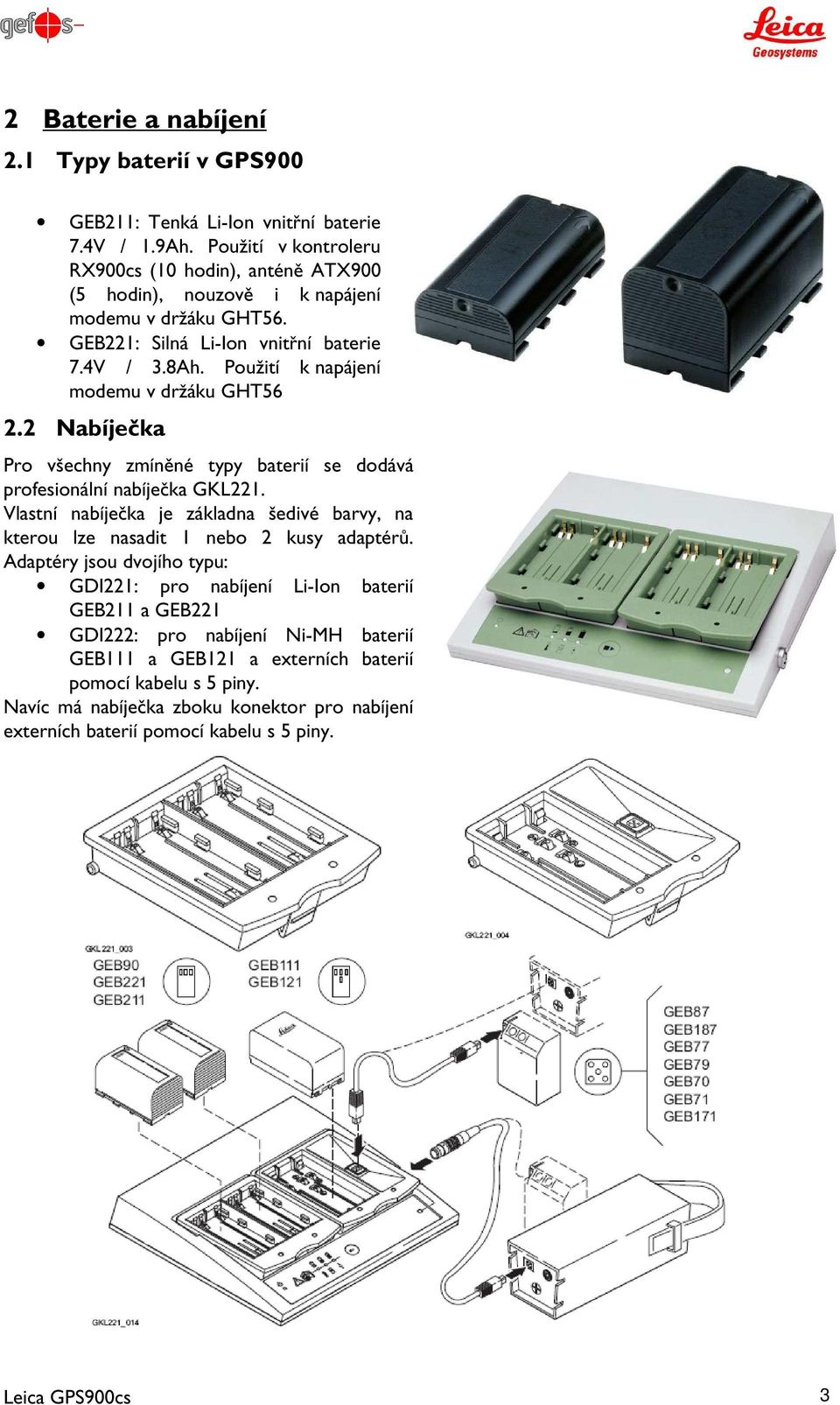 Použití k napájení modemu v držáku GHT56 2.2 Nabíječka Pro všechny zmíněné typy baterií se dodává profesionální nabíječka GKL221.