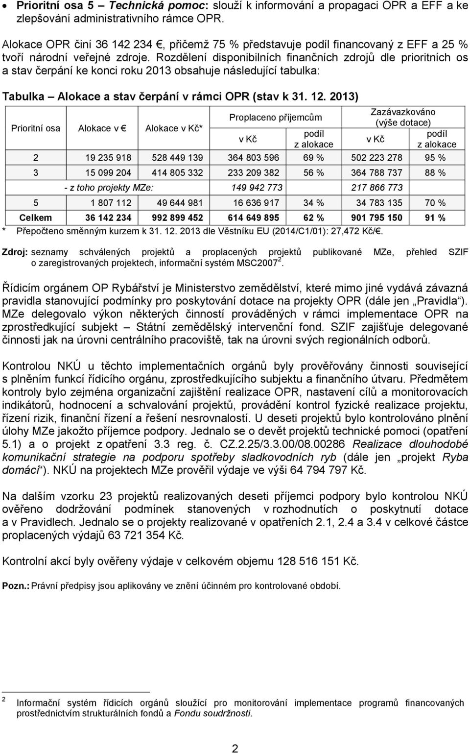 Rozdělení disponibilních finančních zdrojů dle prioritních os a stav čerpání ke konci roku 2013 obsahuje následující tabulka: Tabulka Alokace a stav čerpání v rámci OPR (stav k 31. 12.