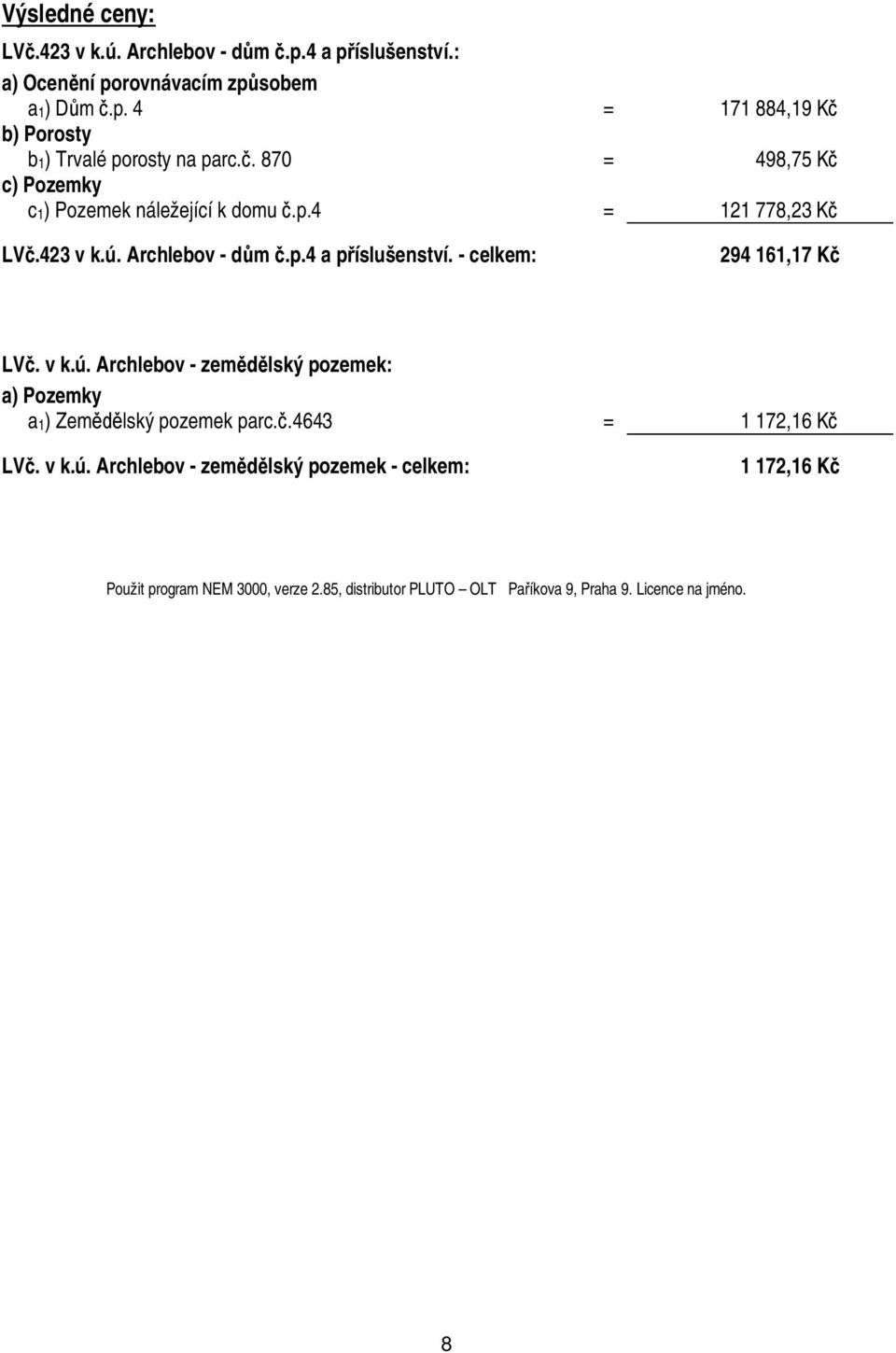 - celkem: 294 161,17 K LV. v k.ú. Archlebov - zem lský pozemek: a) Pozemky a1) Zem lský pozemek parc..4643 = 1 172,16 K LV. v k.ú. Archlebov - zem lský pozemek - celkem: 1 172,16 K Použit program NEM 3, verze 2.