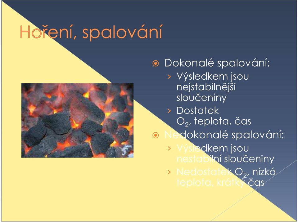 teplota, čas Nedokonalé spalování: Výsledkem