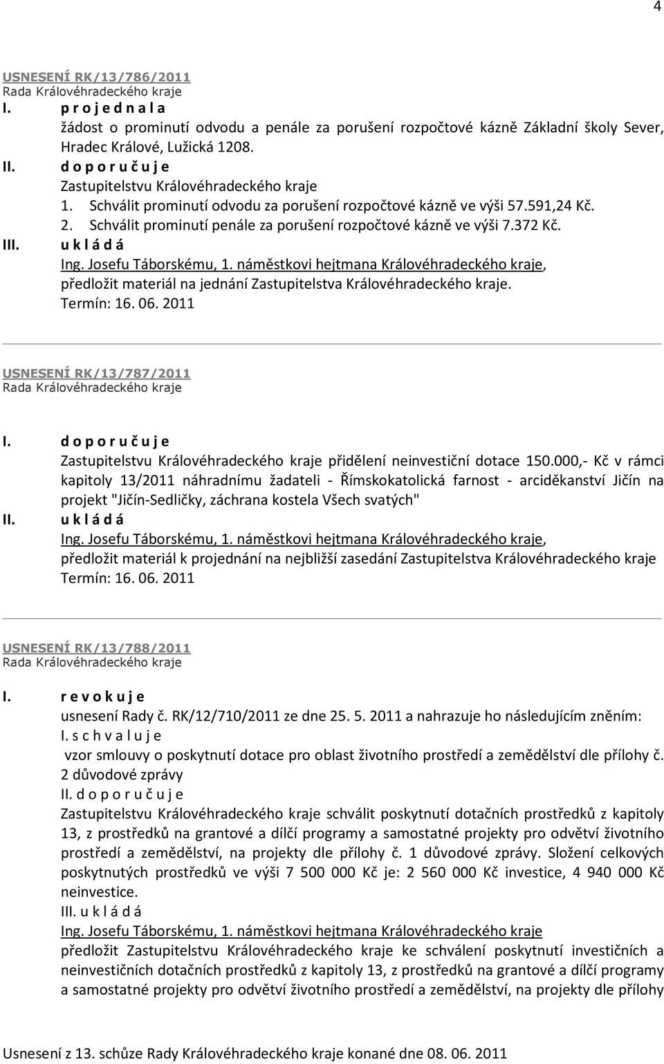 Schválit prominutí penále za porušení rozpočtové kázně ve výši 7.372 Kč. Ing. Josefu Táborskému, 1.