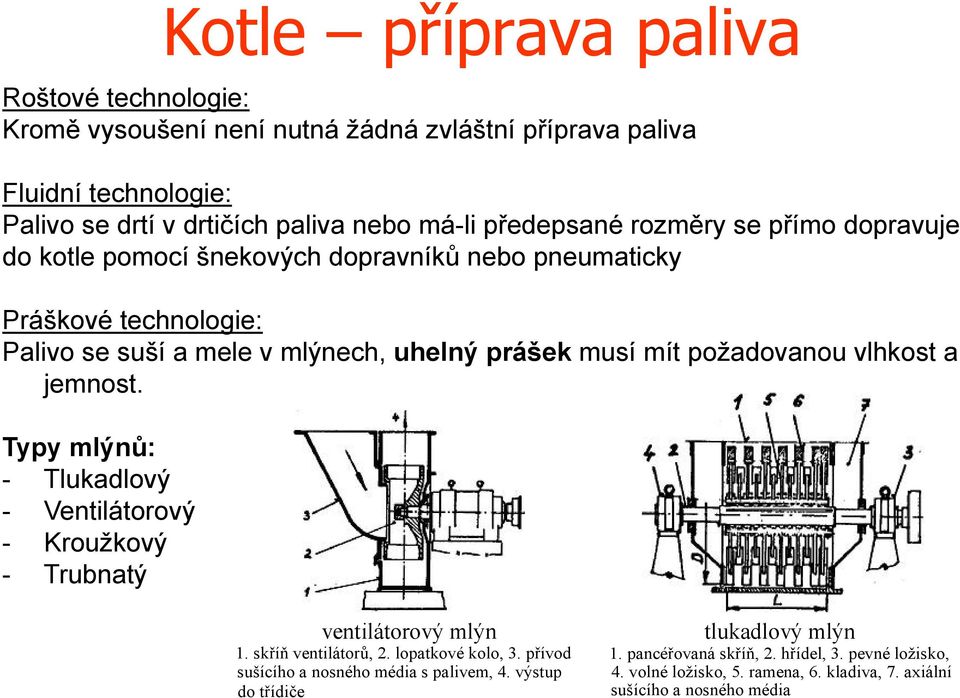 požadovanou vlhkost a jemnost. Typy mlýnů: - Tlukadlový - Ventilátoový - Koužkový - Tubnatý ventilátoový mlýn 1. skříň ventilátoů, 2. lopatkové kolo, 3.