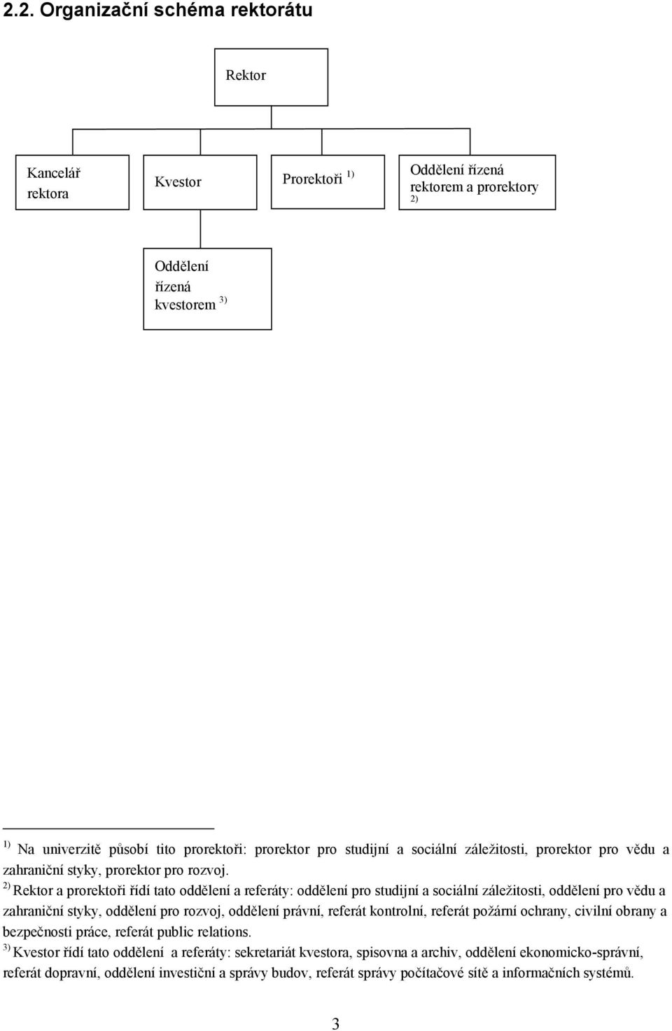 2) Rektor a prorektoři řídí tato oddělení a referáty: oddělení pro studijní a sociální záležitosti, oddělení pro vědu a zahraniční styky, oddělení pro rozvoj, oddělení právní, referát kontrolní,