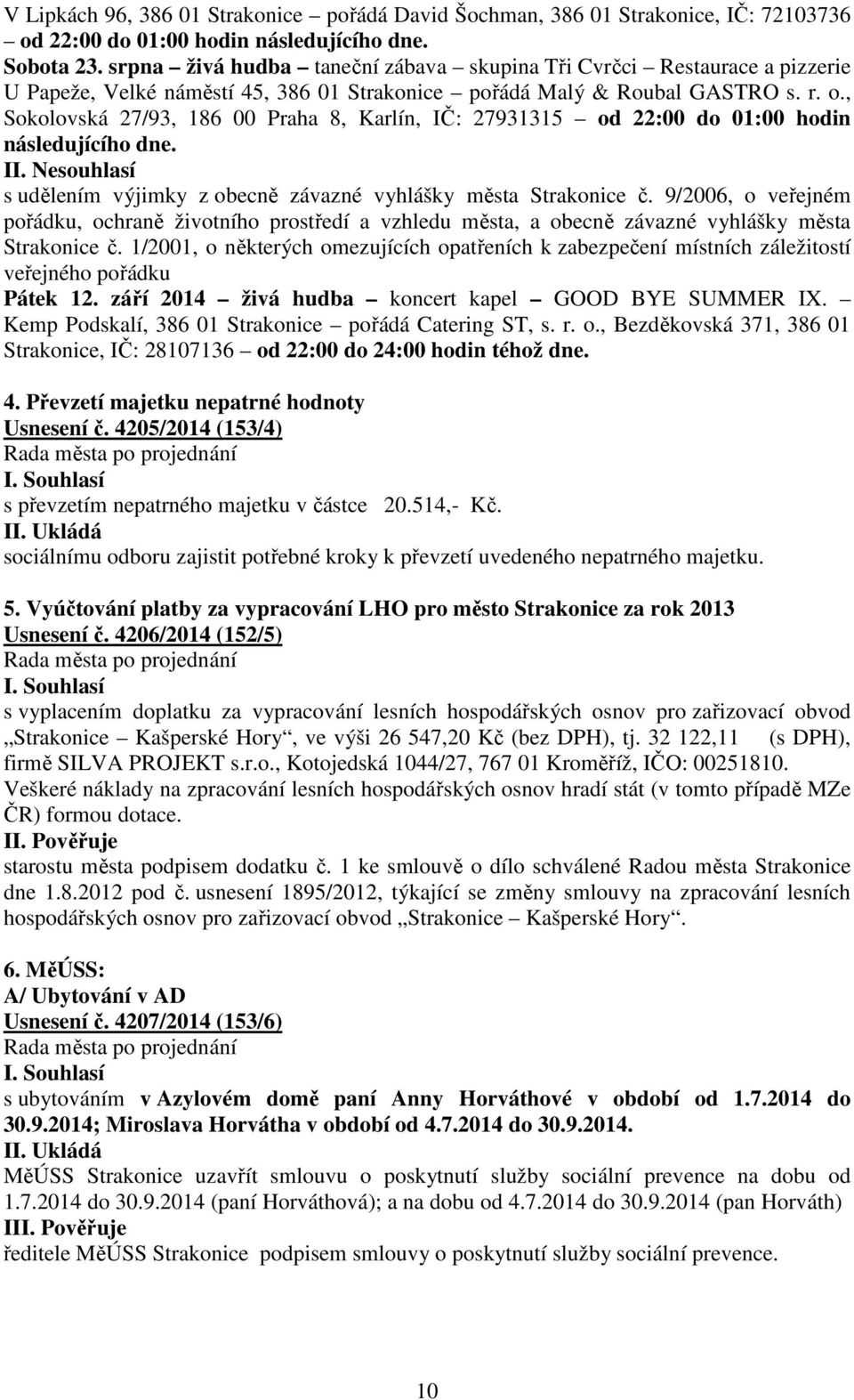 , Sokolovská 27/93, 186 00 Praha 8, Karlín, IČ: 27931315 od 22:00 do 01:00 hodin následujícího dne. II. Nesouhlasí s udělením výjimky z obecně závazné vyhlášky města Strakonice č.