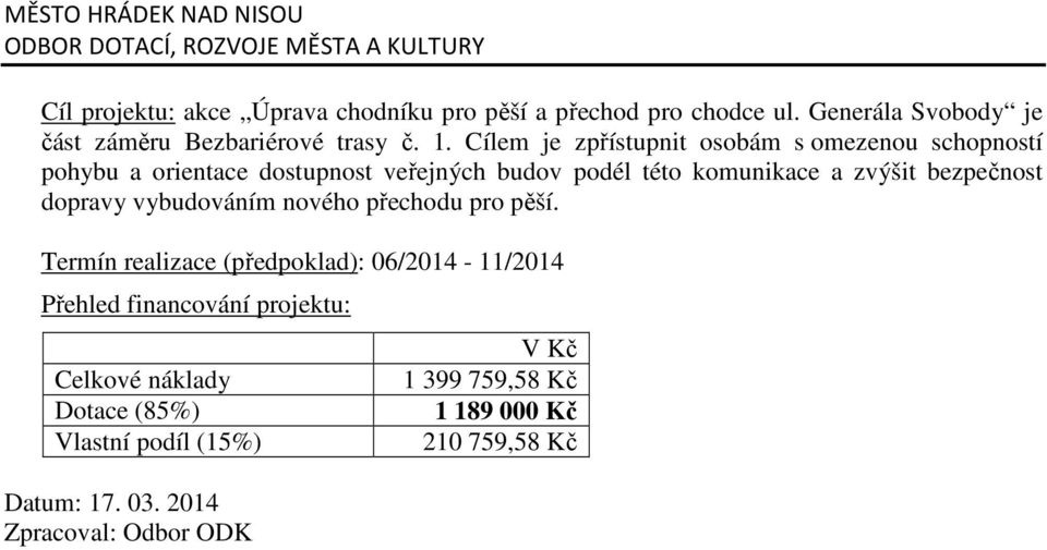 Cílem je zpřístupnit osobám s omezenou schopností pohybu a orientace dostupnost veřejných budov podél této komunikace