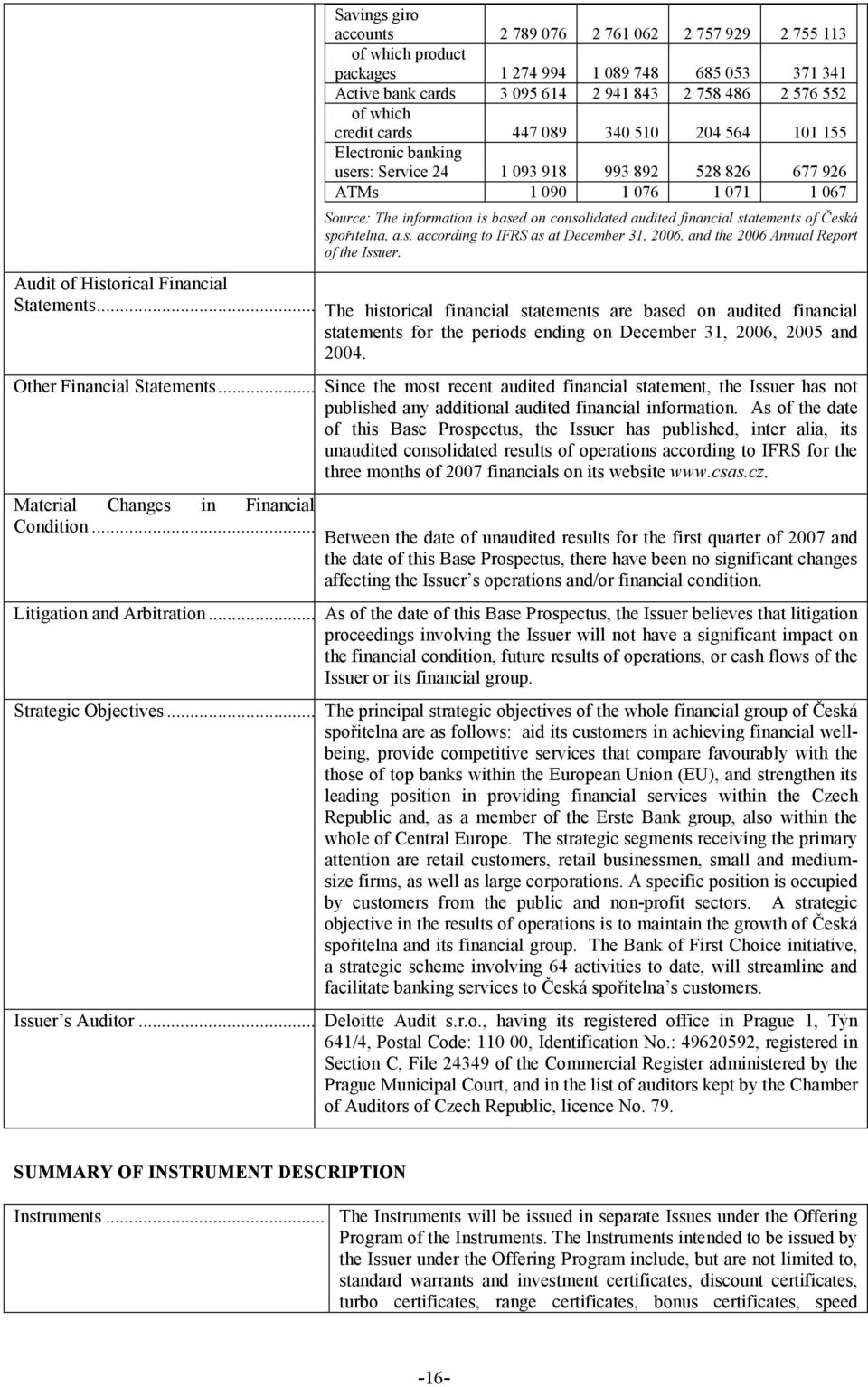 financial statements of Česká spořitelna, a.s. according to IFRS as at December 31, 2006, and the 2006 Annual Report of the Issuer. Audit of Historical Financial Statements.