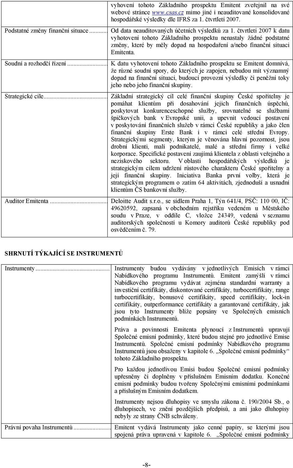 čtvrtletí 2007 k datu vyhotovení tohoto Základního prospektu nenastaly žádné podstatné změny, které by měly dopad na hospodaření a/nebo finanční situaci Emitenta. Soudní a rozhodčí řízení.