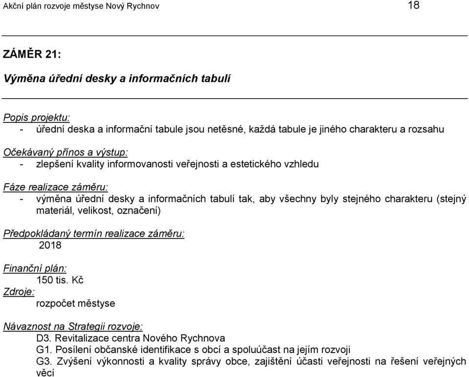 tak, aby všechny byly stejného charakteru (stejný materiál, velikost, označení) 2018 150 tis. Kč D3. Revitalizace centra Nového Rychnova G1.