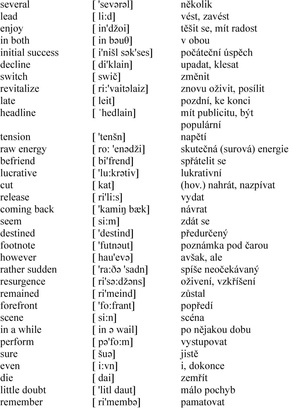 ˈhedlain] [ 'tenšn] [ ro: 'enədži] [ bi'frend] [ 'lu:krətiv] [ kat] [ ri'li:s] [ 'kamiŋ bæk] [ si:m] [ 'destind] [ 'futnəut] [ hau'evə] [ 'ra:ðə 'sadn] [ ri'sə:džəns] [ ri'meind] [ 'fo:frant] [ si:n]