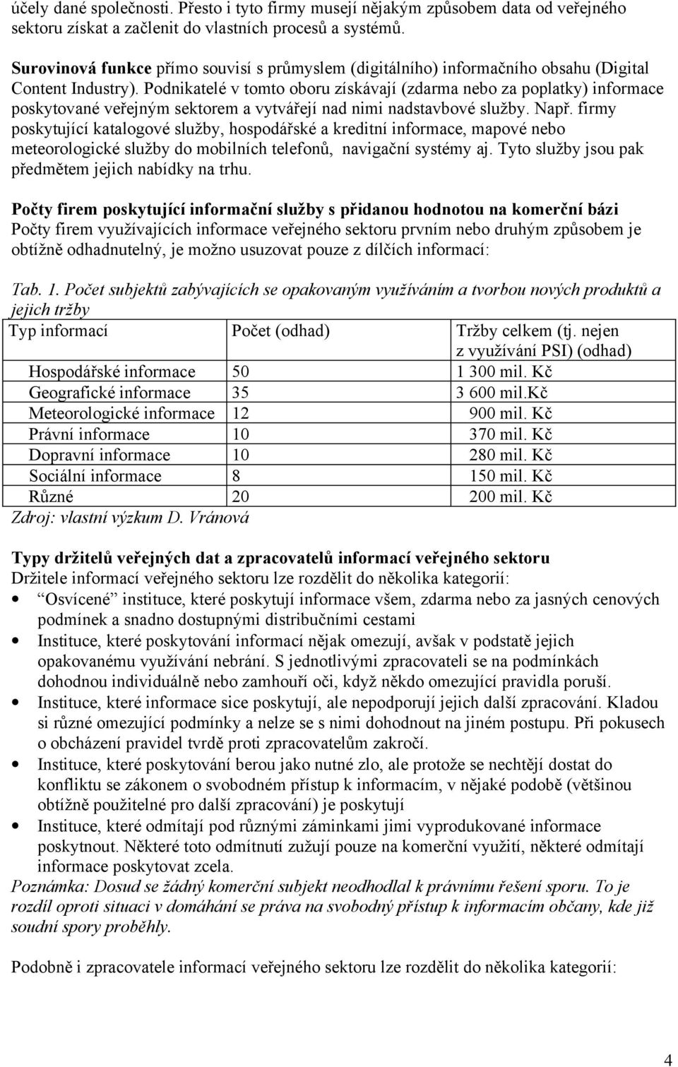 Podnikatelé v tomto oboru získávají (zdarma nebo za poplatky) informace poskytované veřejným sektorem a vytvářejí nad nimi nadstavbové služby. Např.