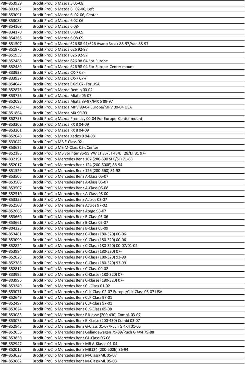 626 92-97 PBR-851953 Brodit ProClip Mazda 626 92-97 PBR-852488 Brodit ProClip Mazda 626 98-04 For Europe PBR-852489 Brodit ProClip Mazda 626 98-04 For Europe Center mount PBR-833938 Brodit ProClip