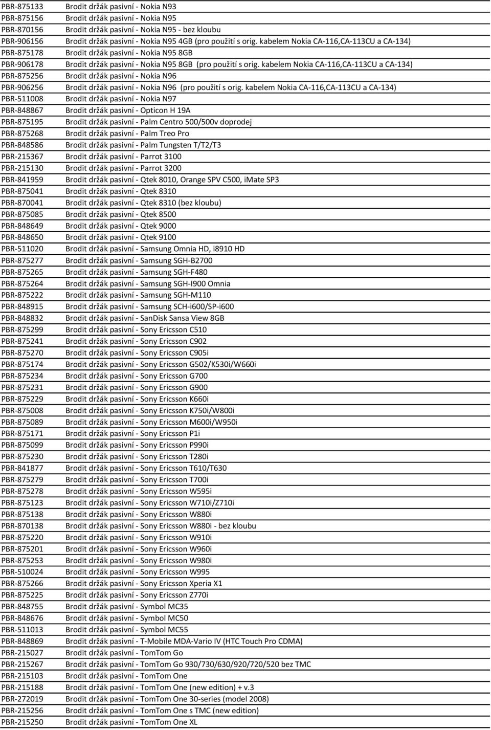 kabelem Nokia CA-116,CA-113CU a CA-134) PBR-875256 Brodit držák pasivní - Nokia N96 PBR-906256 Brodit držák pasivní - Nokia N96 (pro použití s orig.