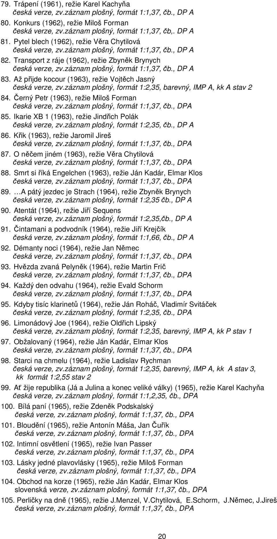 Černý Petr (1963), režie Miloš Forman 85. Ikarie XB 1 (1963), režie Jindřich Polák česká verze, zv.záznam plošný, formát 1:2,35, čb., DP A 86. Křik (1963), režie Jaromil Jireš 87.