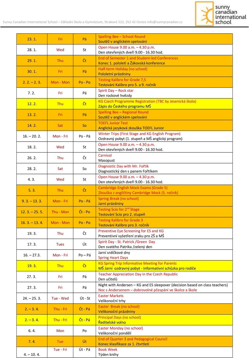 2. Fri Pá Spelling Bee Regional Round Soutěž v anglickém spelování 14. 2. Sat So TOEFL Junior Test Anglická jazyková zkouška TOEFL Junior 16. 20. 2. Mon - Fri Po - Pá Winter Trips (First Stage and KG English Program) Ozdravný pobyt (1.