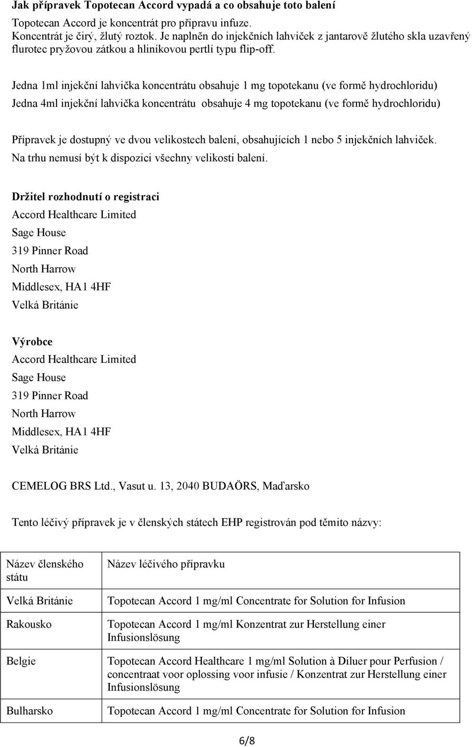 Jedna 1ml injekční lahvička koncentrátu obsahuje 1 mg topotekanu (ve formě hydrochloridu) Jedna 4ml injekční lahvička koncentrátu obsahuje 4 mg topotekanu (ve formě hydrochloridu) Přípravek je