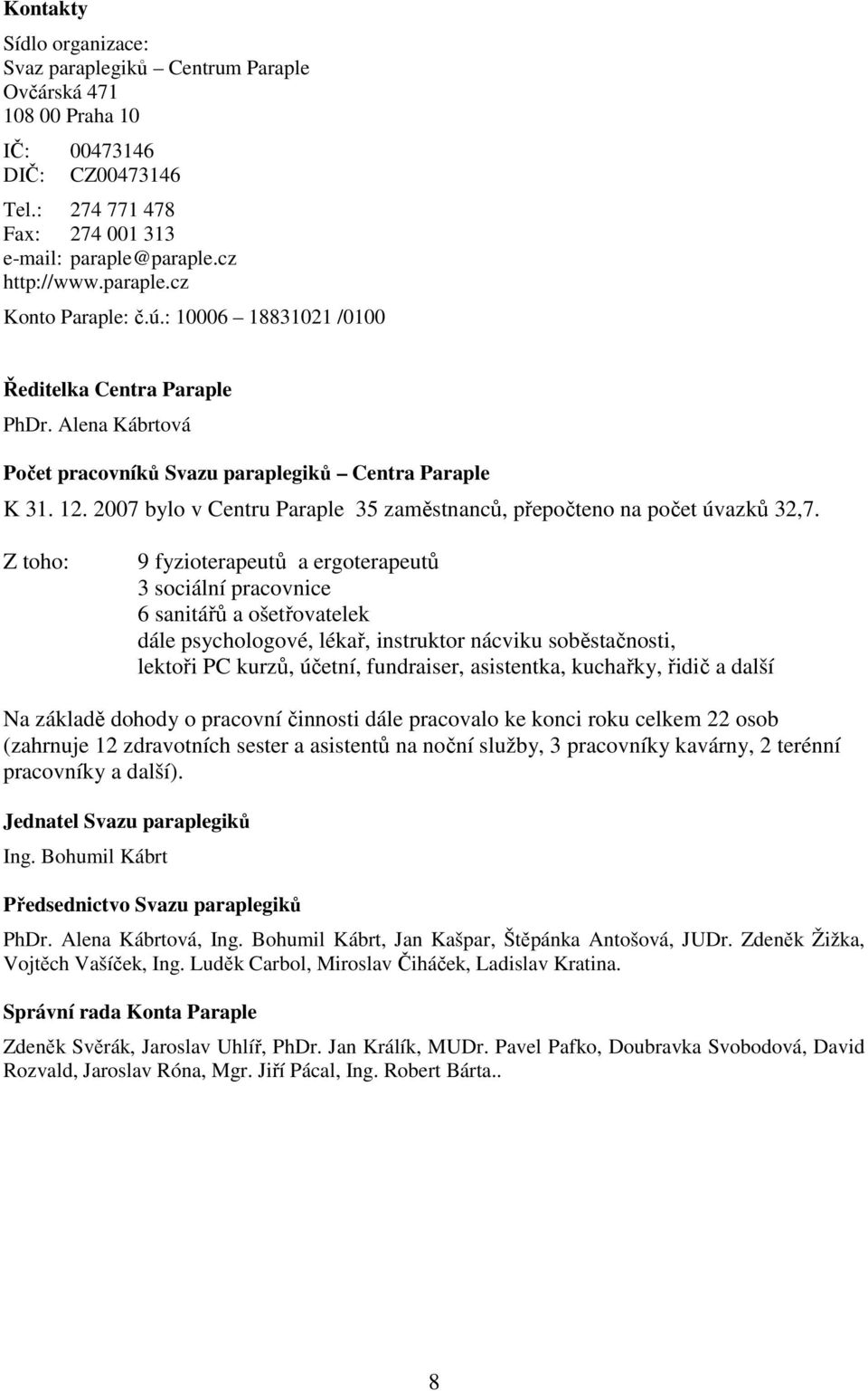 2007 bylo v Centru Paraple 35 zaměstnanců, přepočteno na počet úvazků 32,7.