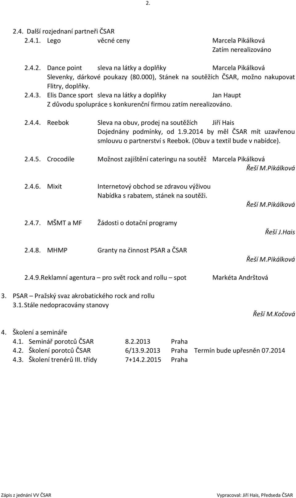 9.2014 by měl ČSAR mít uzavřenou smlouvu o partnerství s Reebok. (Obuv a textil bude v nabídce). 2.4.5. Crocodile Možnost zajištění cateringu na soutěž Marcela Pikálková 2.4.6.