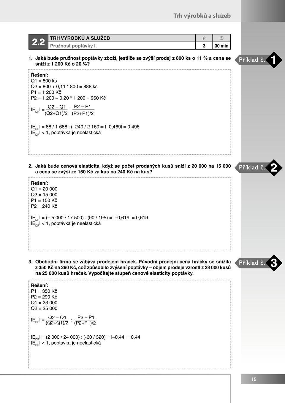 2. Jaká bude cenová elasticita, když se počet prodaných kusů sníží z 20 000 na 15 000 a cena se zvýší ze 150 Kč za kus na 240 Kč na kus? Příklad č.