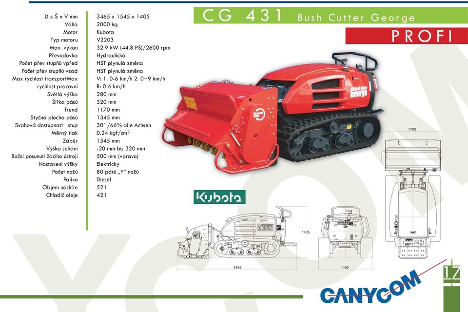 oleje 3465 x 1545 x 1405 2000 kg Kubota V2203 32.9 kw (44.8 PS)/2600 rpm Hydraulická plynulá změna plynulá změna V: 1. 06 km/h 2.