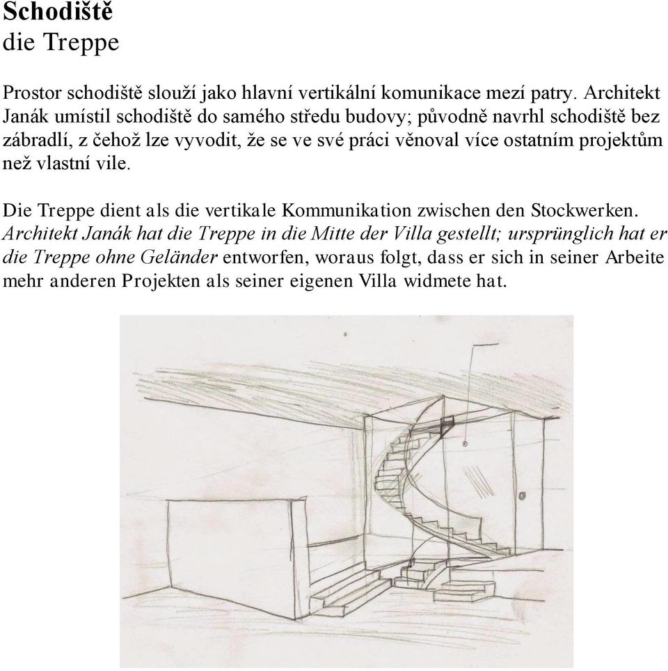 věnoval více ostatním projektům než vlastní vile. Die Treppe dient als die vertikale Kommunikation zwischen den Stockwerken.