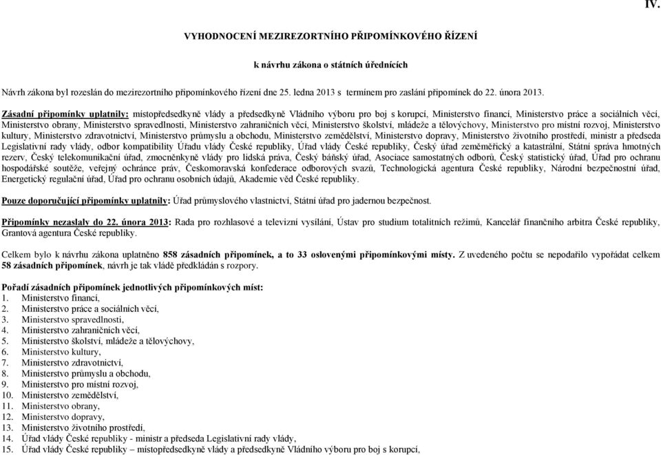 Zásadní připomínky uplatnily: místopředsedkyně vlády a předsedkyně Vládního výboru pro boj s korupcí, Ministerstvo financí, Ministerstvo práce a sociálních věcí, Ministerstvo obrany, Ministerstvo