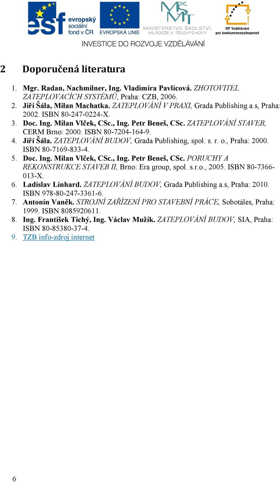 ZATEPLOVÁNÍ BUDOV, Grada Publishing, spol. s. r. o., Praha: 2000. ISBN 80-7169-833-4. 5. Doc. Ing. Milan Vlček, CSc., Ing. Petr Beneš, CSc. PORUCHY A REKONSTRUKCE STAVEB II, Brno: Era group, spol. s.r.o., 2005.