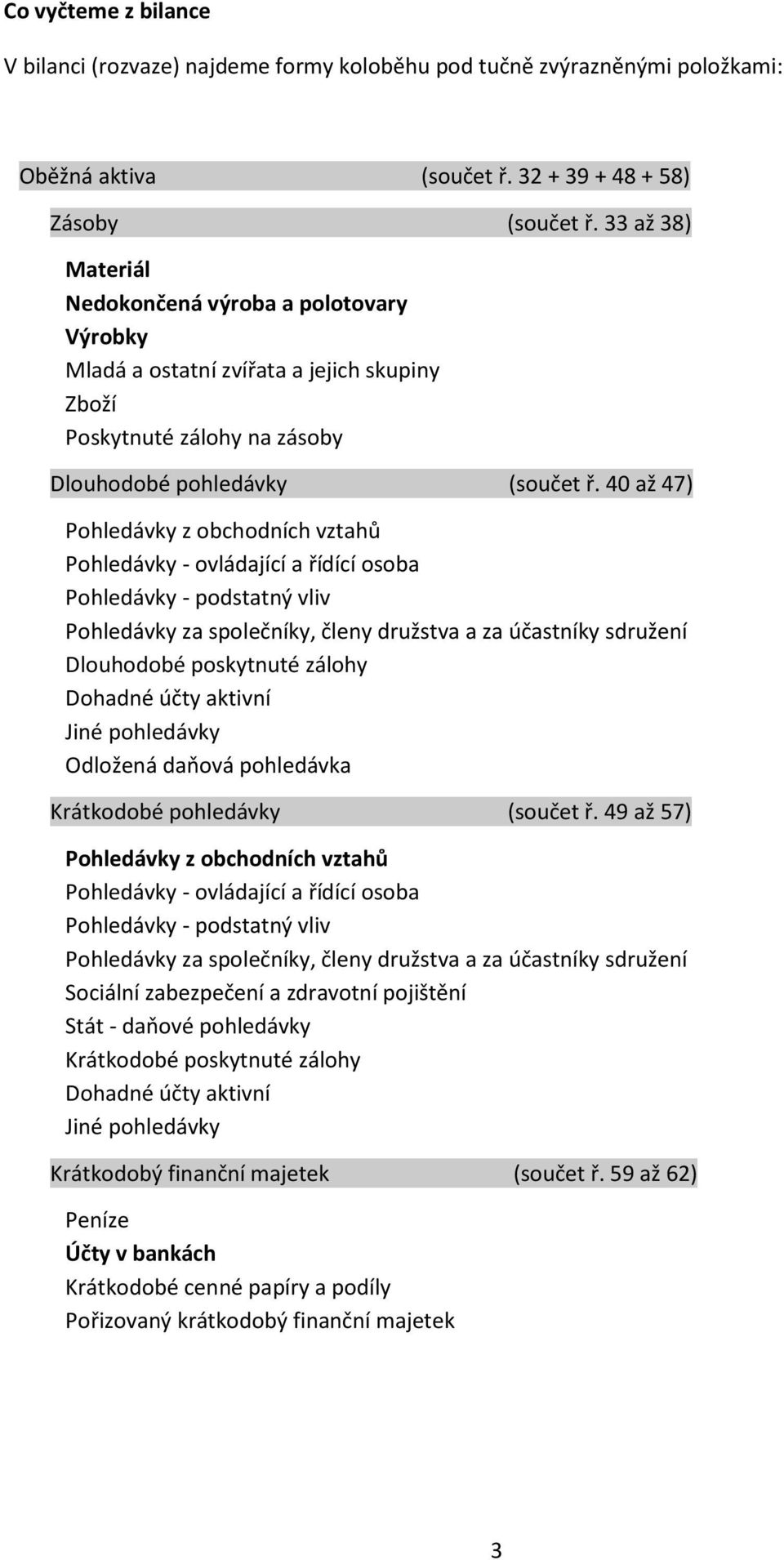 40 až 47) Pohledávky z obchodních vztahů Pohledávky - ovládající a řídící osoba Pohledávky - podstatný vliv Pohledávky za společníky, členy družstva a za účastníky sdružení Dlouhodobé poskytnuté