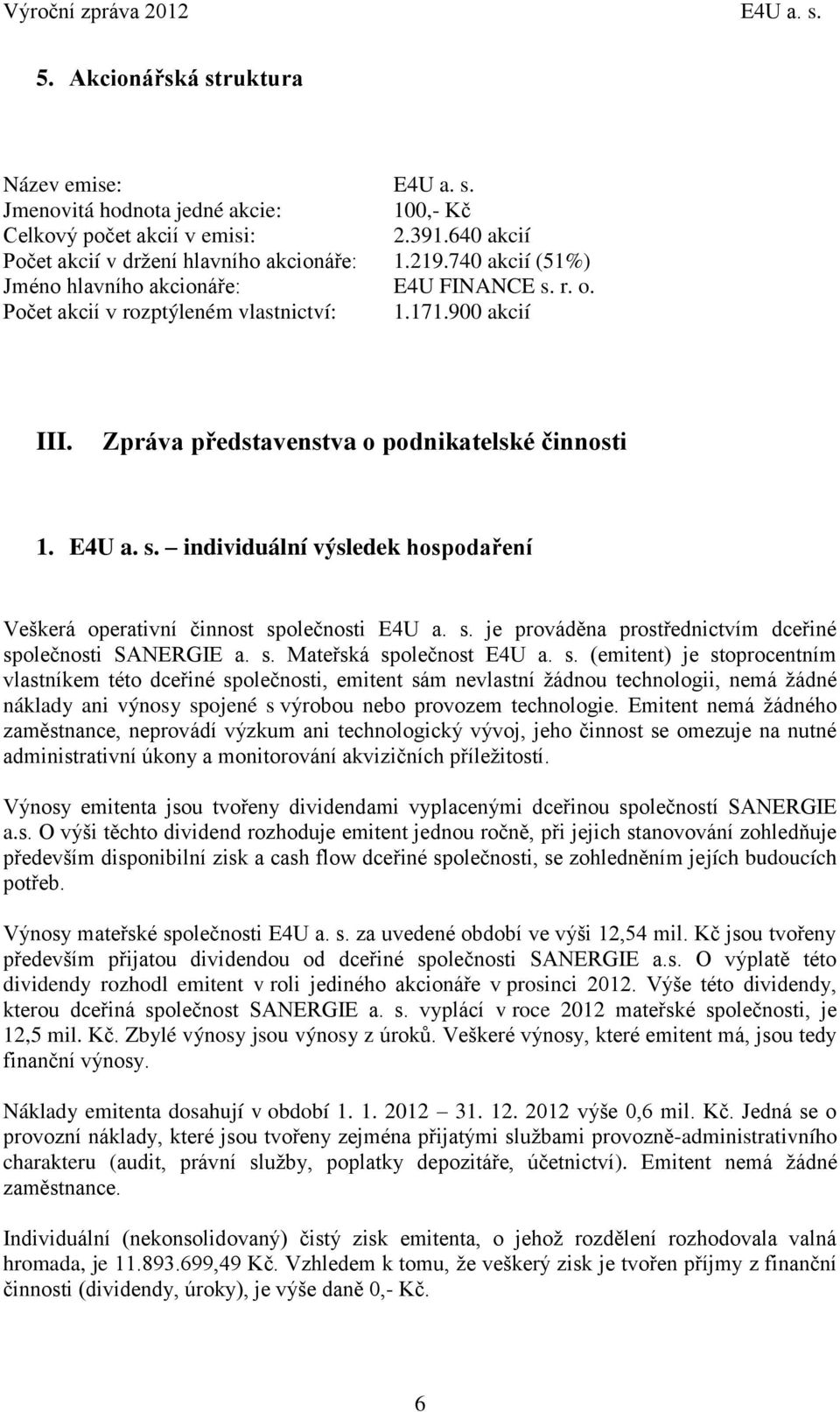 Zpráva představenstva o podnikatelské činnosti 1. E4U a. s. individuální výsledek hospodaření Veškerá operativní činnost společnosti E4U a. s. je prováděna prostřednictvím dceřiné společnosti SANERGIE a.