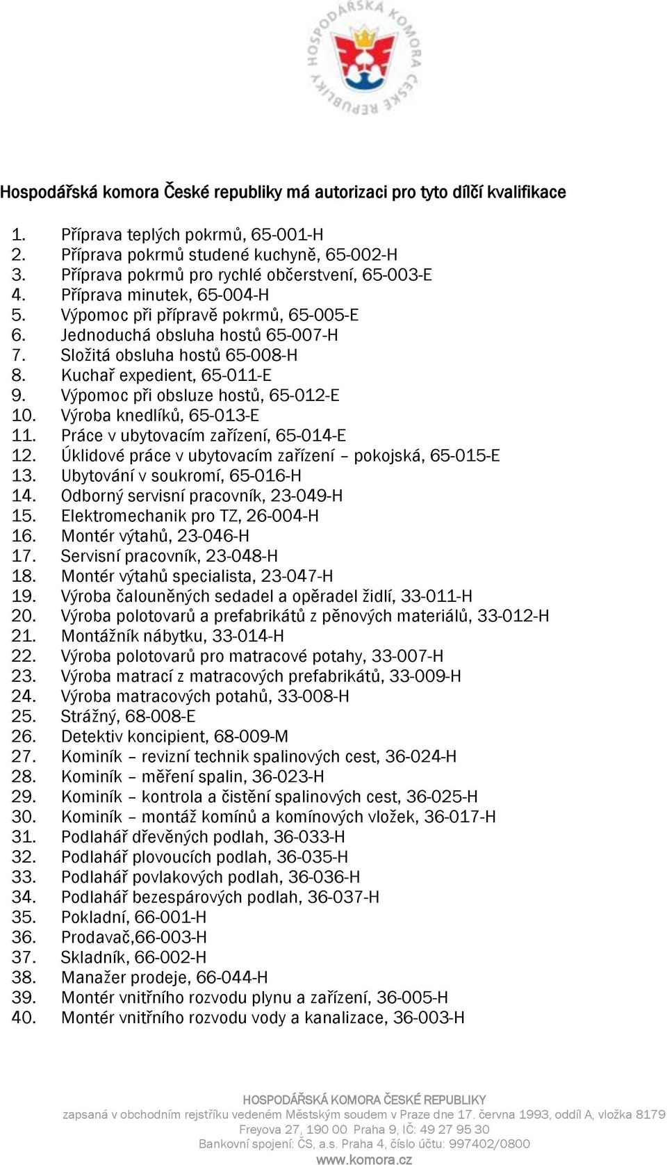 Kuchař expedient, 65-011-E 9. Výpomoc při obsluze hostů, 65-012-E 10. Výroba knedlíků, 65-013-E 11. Práce v ubytovacím zařízení, 65-014-E 12.