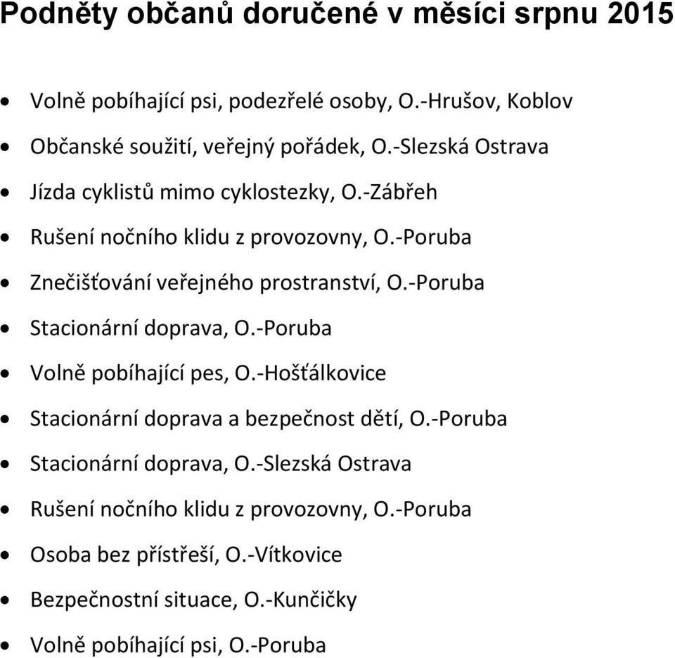 -Poruba Stacionární doprava, O.-Poruba Volně pobíhající pes, O.-Hošťálkovice Stacionární doprava a bezpečnost dětí, O.