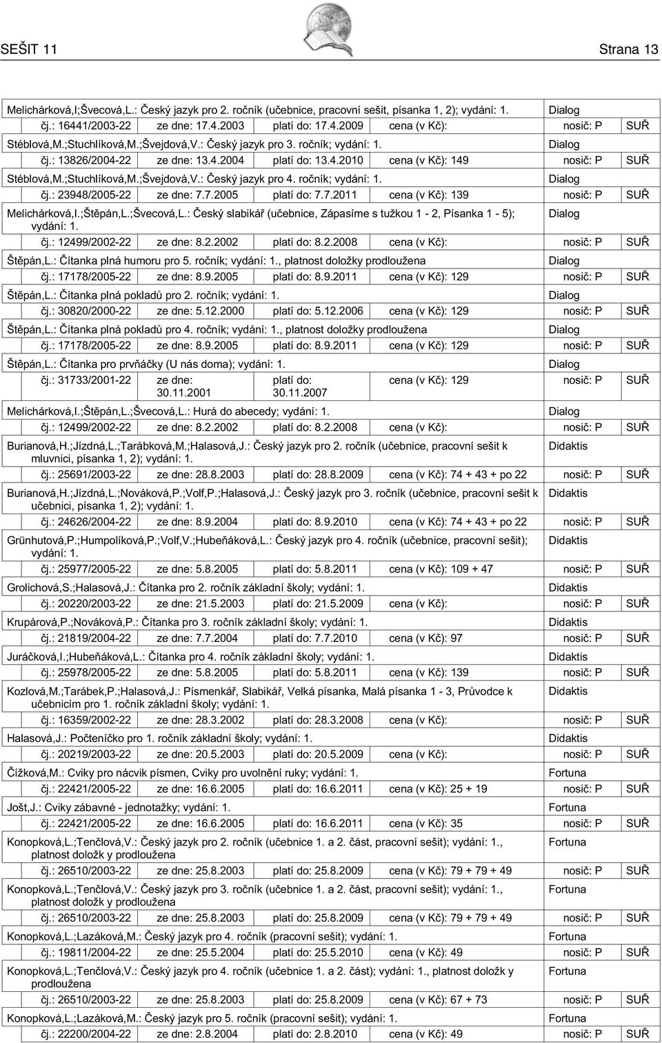 7.2005 7.7.2011 cena (v K ): 139 Melichárková,I.;Št pán,l.;švecová,l.: eský slabiká (u ebnice, Zápasíme s tužkou 1-2, Písanka 1-5); Dialog j.: 12499/2002-22 8.2.2002 8.2.2008 cena (v K ): Št pán,l.