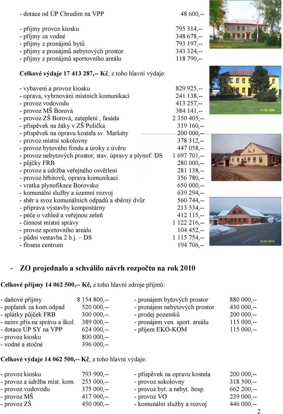 vodovodu 413 257,-- - provoz MŠ Borová 384 141,-- - provoz ZŠ Borová, zateplení, fasáda 2 350 405,-- - příspěvek na žáky v ZŠ Polička 319 160,-- - příspěvek na opravu kostela sv.