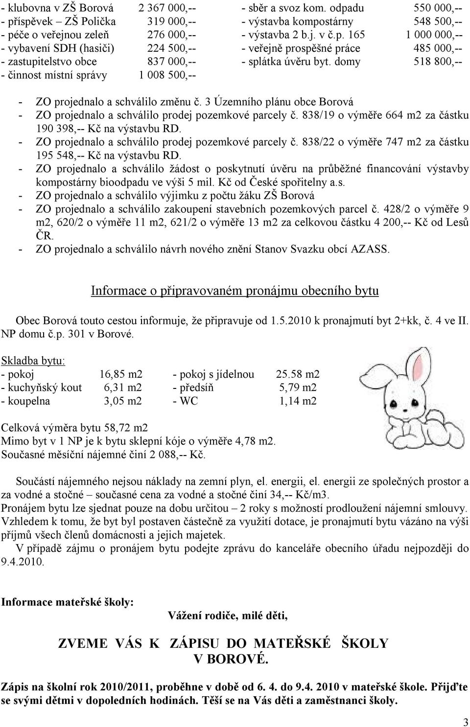 domy 518 800,-- - činnost místní správy 1 008 500,-- - ZO projednalo a schválilo změnu č. 3 Územního plánu obce Borová - ZO projednalo a schválilo prodej pozemkové parcely č.