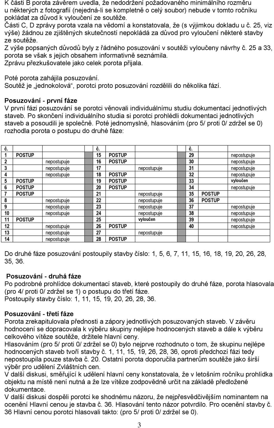 25, viz výše) žádnou ze zjištěných skutečností nepokládá za důvod pro vyloučení některé stavby ze soutěže. Z výše popsaných důvodů byly z řádného posuzování v soutěži vyloučeny návrhy č.