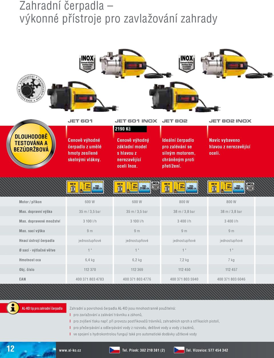 Motor / příkon 600 W 600 W 800 W 800 W Max. dopravní výška 35 m / 3,5 bar 35 m / 3,5 bar 38 m / 3,8 bar 38 m / 3,8 bar Max. dopravené množství 3 100 l/h 3 100 l/h 3 400 l/h 3 400 l/h Max.