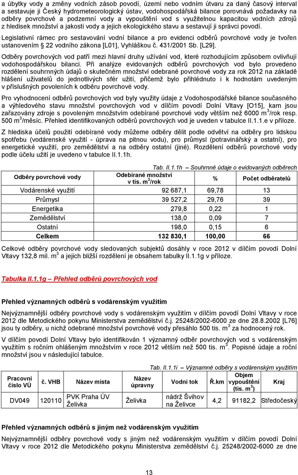 Legislativní rámec pro sestavování vodní bilance a pro evidenci odběrů povrchové vody je tvořen ustanovením 22 vodního zákona [L01], Vyhláškou č. 431/2001 Sb. [L29].