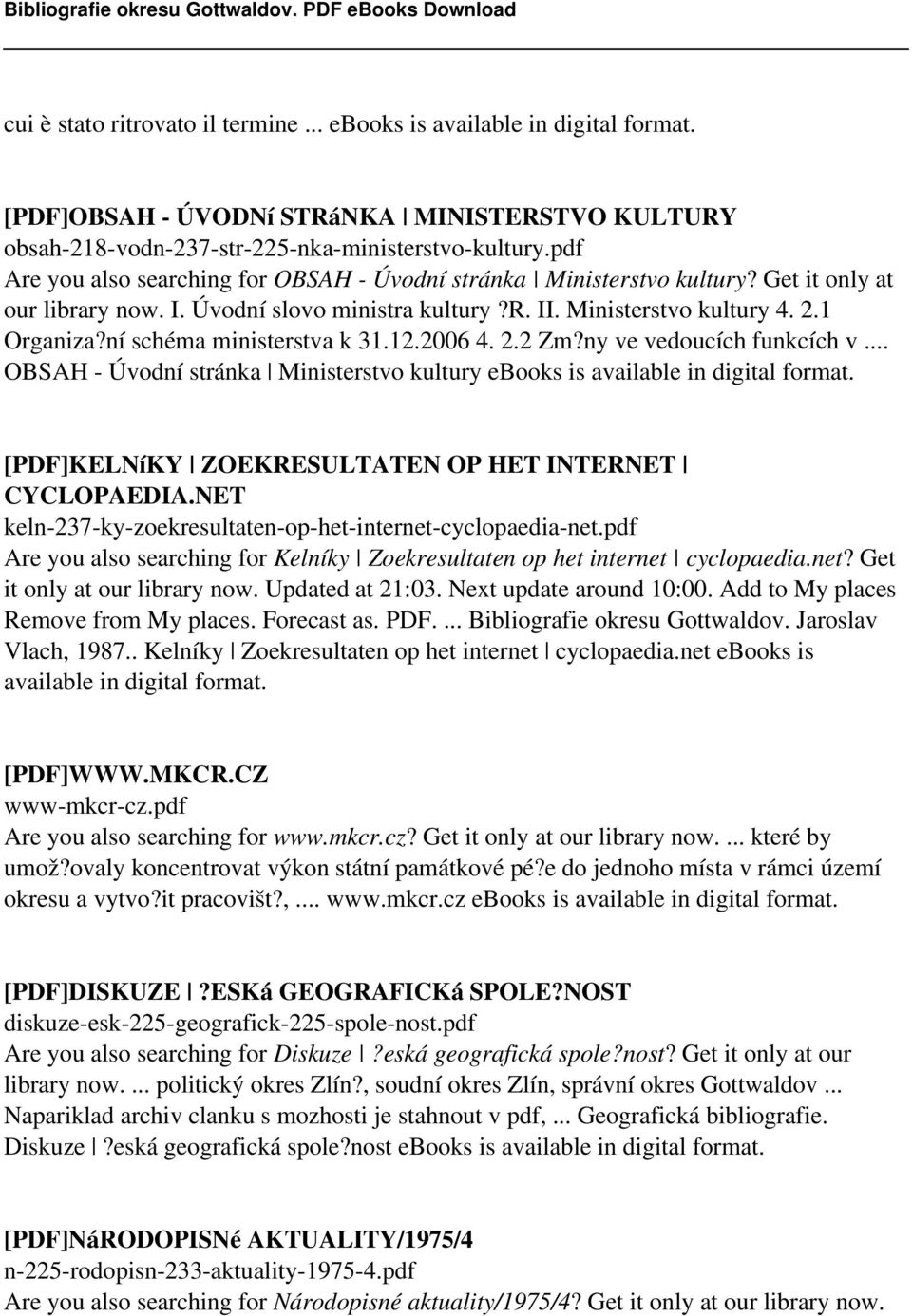 ní schéma ministerstva k 31.12.2006 4. 2.2 Zm?ny ve vedoucích funkcích v... OBSAH - Úvodní stránka Ministerstvo kultury ebooks is [PDF]KELNíKY ZOEKRESULTATEN OP HET INTERNET CYCLOPAEDIA.