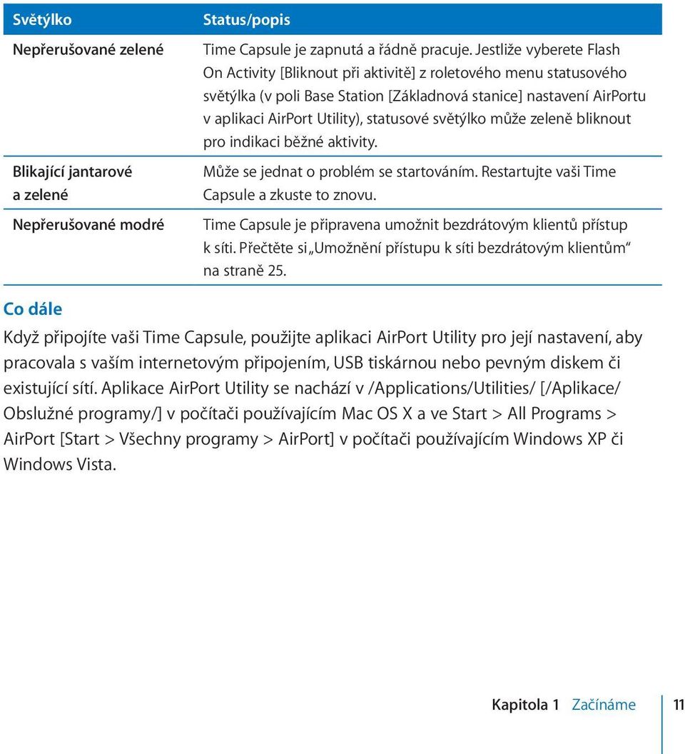 světýlko může zeleně bliknout pro indikaci běžné aktivity. Může se jednat o problém se startováním. Restartujte vaši Time Capsule a zkuste to znovu.