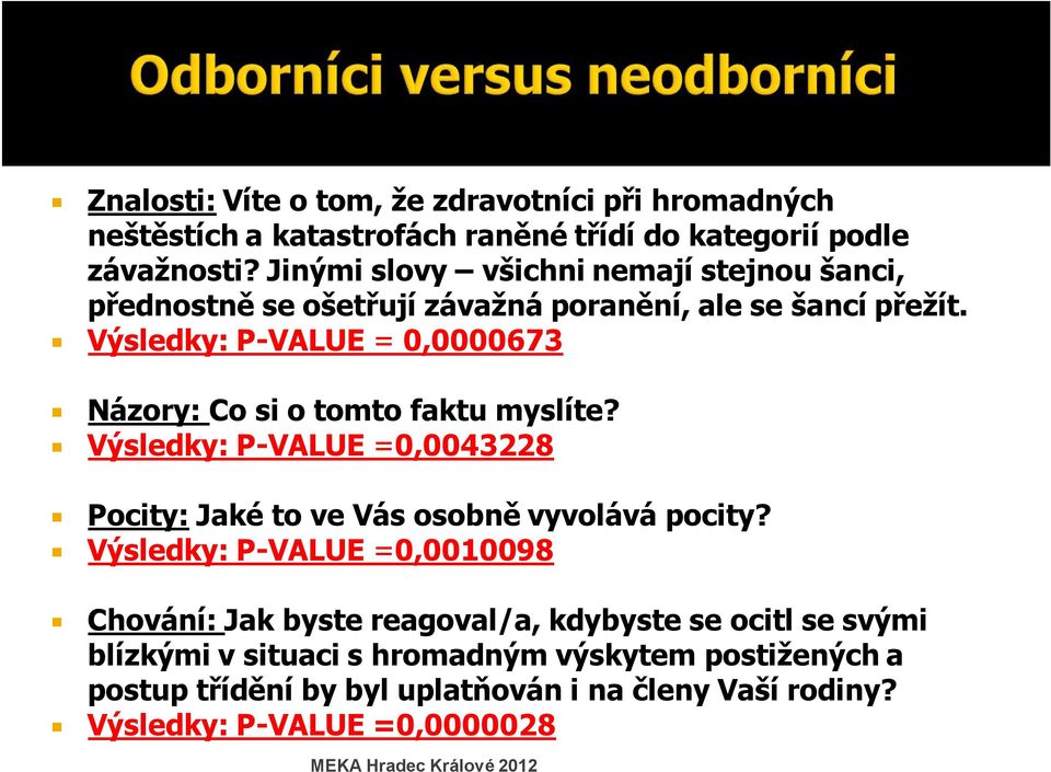 Výsledky: P-VALUE = 0,0000673 Názory: Co si o tomto faktu myslíte? Výsledky: P-VALUE =0,0043228 Pocity: Jaké to ve Vás osobně vyvolává pocity?