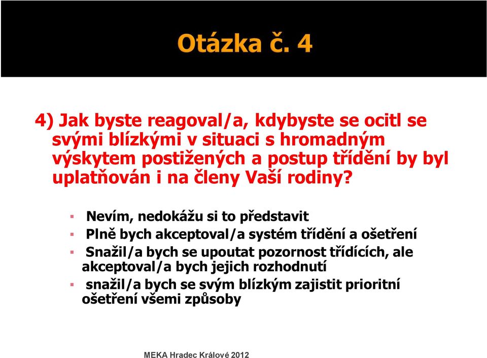 Nevím, nedokážu si to představit Plně bych akceptoval/a systém třídění a ošetření Snažil/a bych se