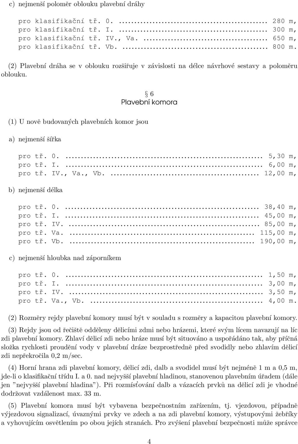 ... 5,30 m, pro tř. I.... 6,00 m, pro tř. IV., Va., Vb.... 12,00 m, b) nejmenší délka pro tř. 0.... 38,40 m, pro tř. I.... 45,00 m, pro tř. IV.... 85,00 m, pro tř. Va.... 115,00 m, pro tř. Vb.... 190,00 m, c) nejmenší hloubka nad záporníkem pro tř.