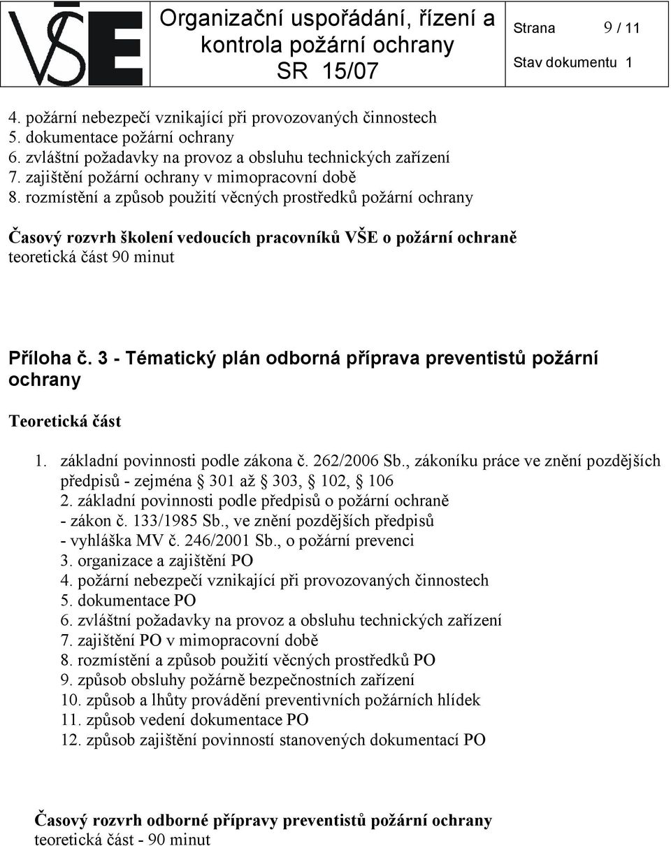 rozmístění a způsob použití věcných prostředků požární ochrany Časový rozvrh školení vedoucích pracovníků VŠE o požární ochraně teoretická část 90 minut Příloha č.