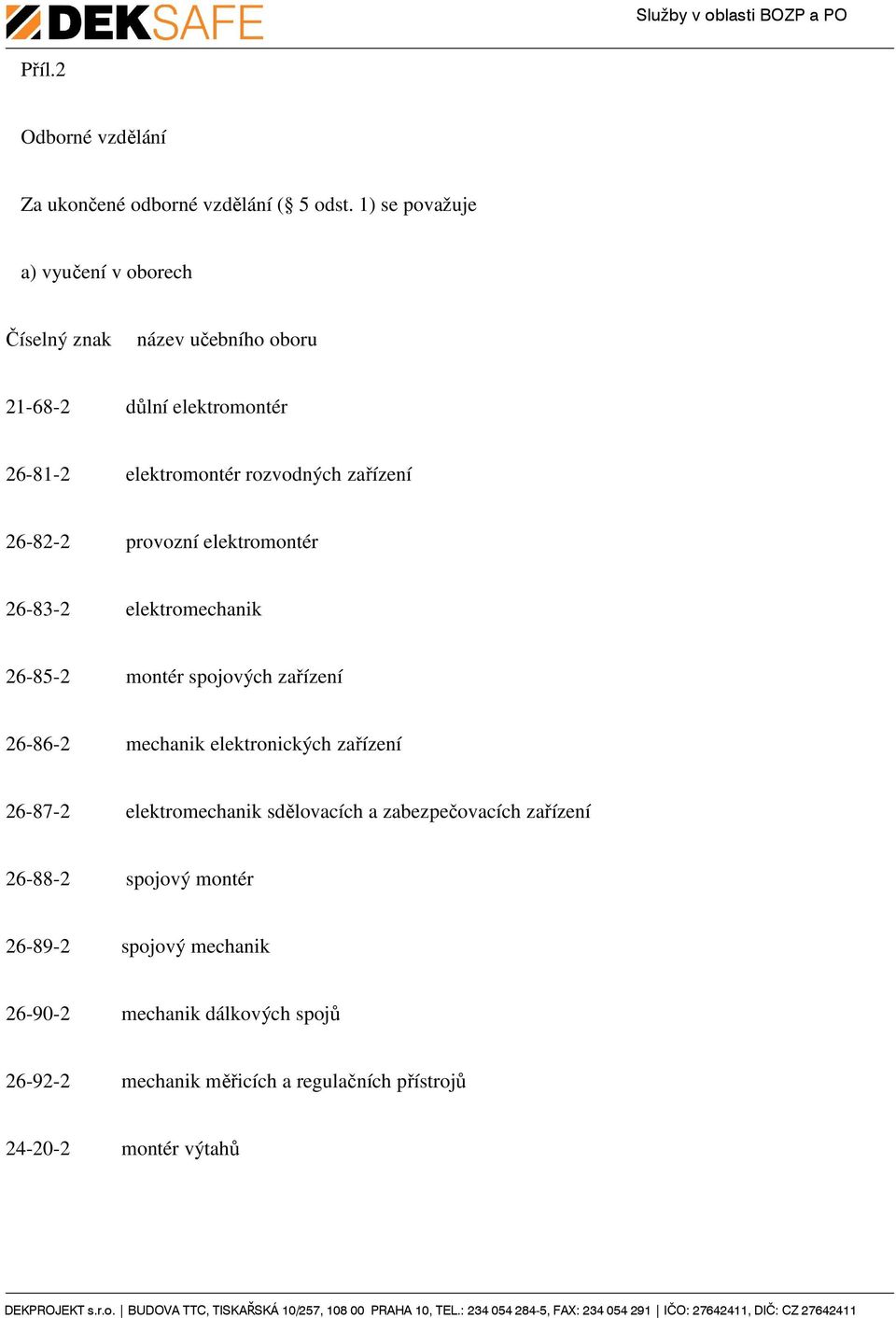 zařízení 26-82-2 provozní elektromontér 26-83-2 elektromechanik 26-85-2 montér spojových zařízení 26-86-2 mechanik elektronických