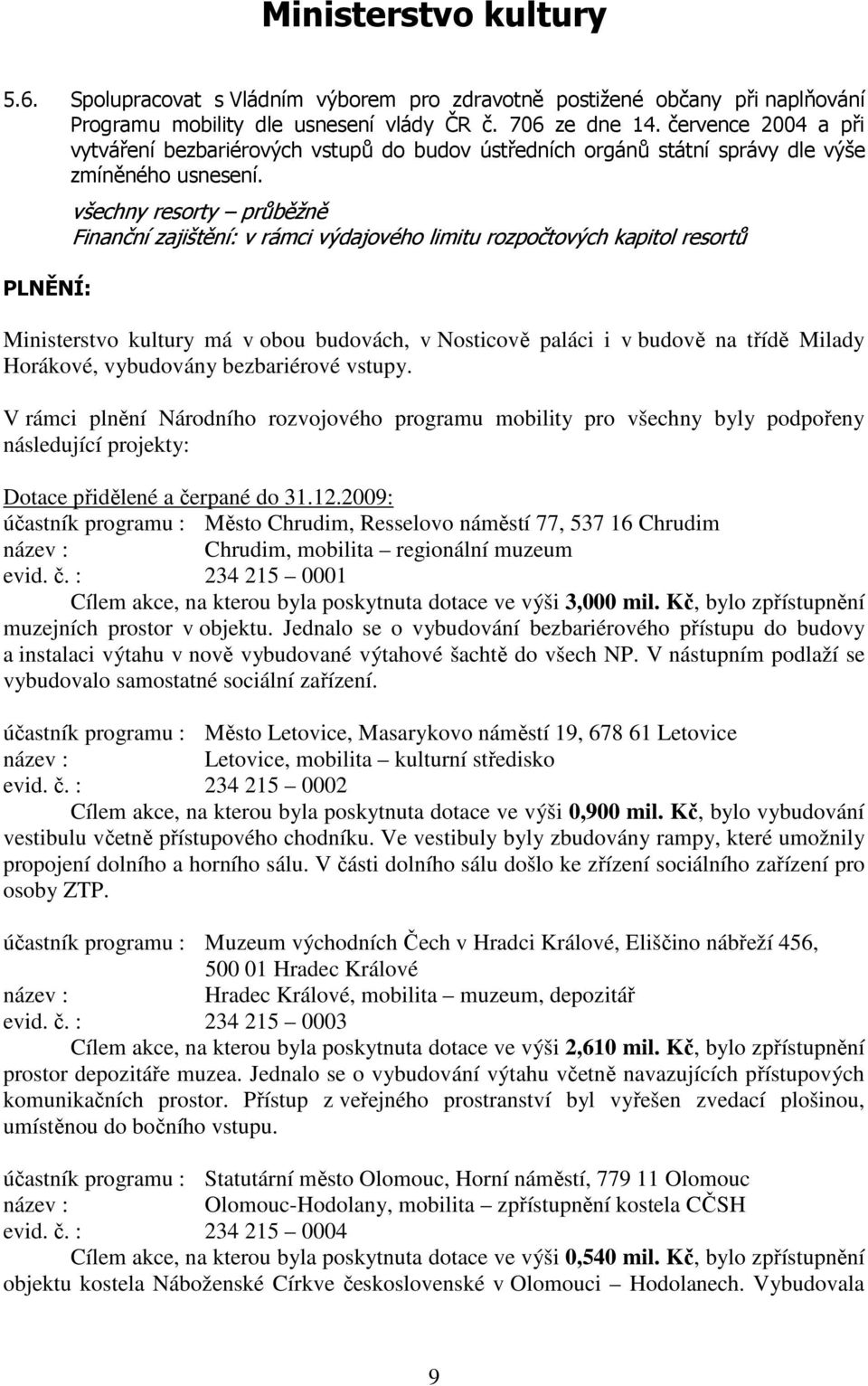 všechny resorty průběžně Finanční zajištění: v rámci výdajového limitu rozpočtových kapitol resortů Ministerstvo kultury má v obou budovách, v Nosticově paláci i v budově na třídě Milady Horákové,