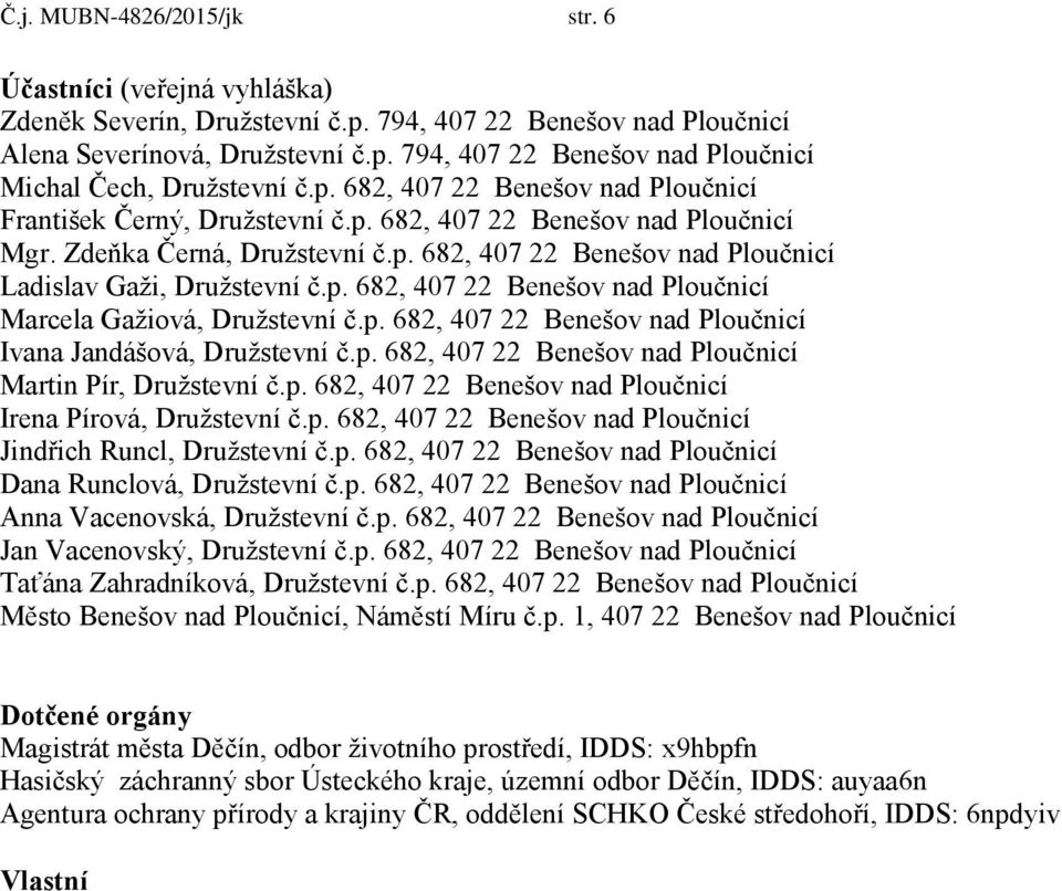 p. 682, 407 22 Benešov nad Ploučnicí Marcela Gažiová, Družstevní č.p. 682, 407 22 Benešov nad Ploučnicí Ivana Jandášová, Družstevní č.p. 682, 407 22 Benešov nad Ploučnicí Martin Pír, Družstevní č.p. 682, 407 22 Benešov nad Ploučnicí Irena Pírová, Družstevní č.