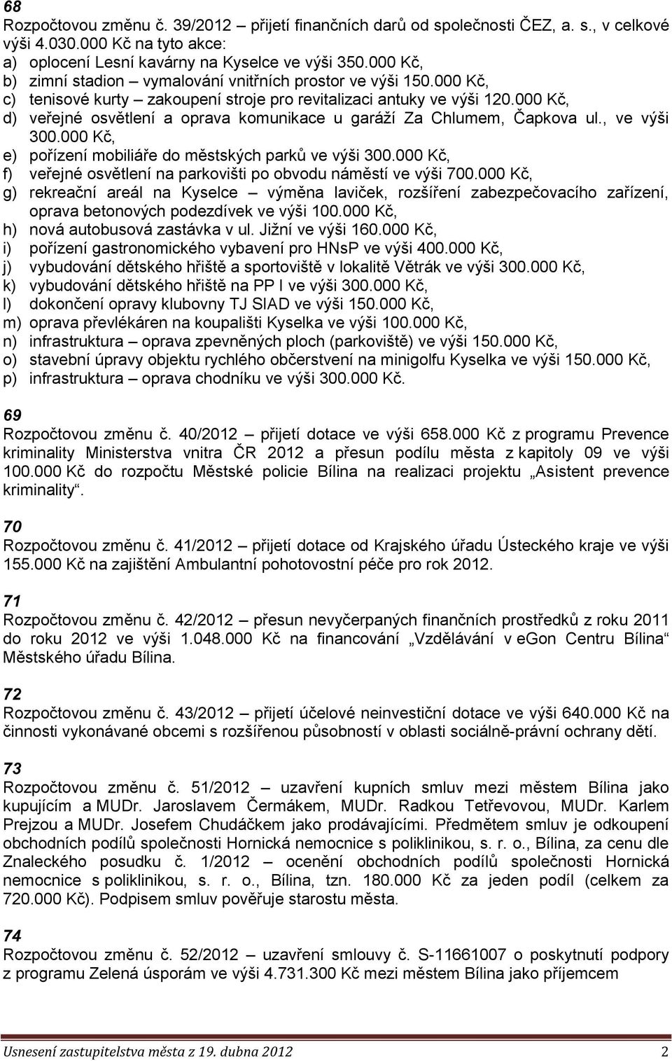 000 Kč, d) veřejné osvětlení a oprava komunikace u garáží Za Chlumem, Čapkova ul., ve výši 300.000 Kč, e) pořízení mobiliáře do městských parků ve výši 300.