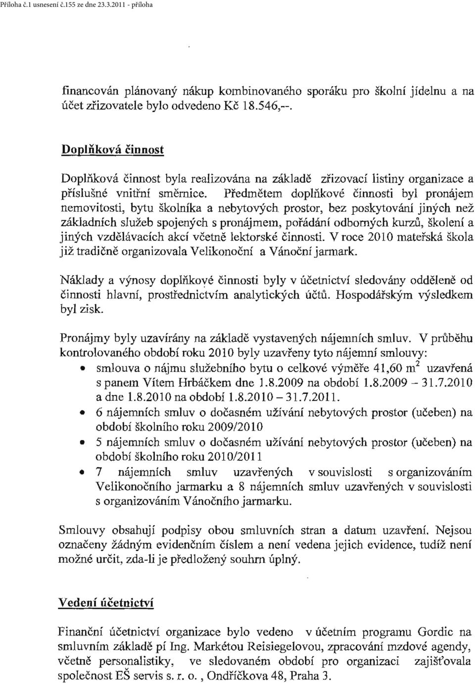 Předmětem doplňkové činnosti byl pronájem nemovitosti, bytu školníka a nebytových prostor, bez poskytování jiných než základních služeb spojených s pronájmem, pořádán í odborných kurzů, školení a