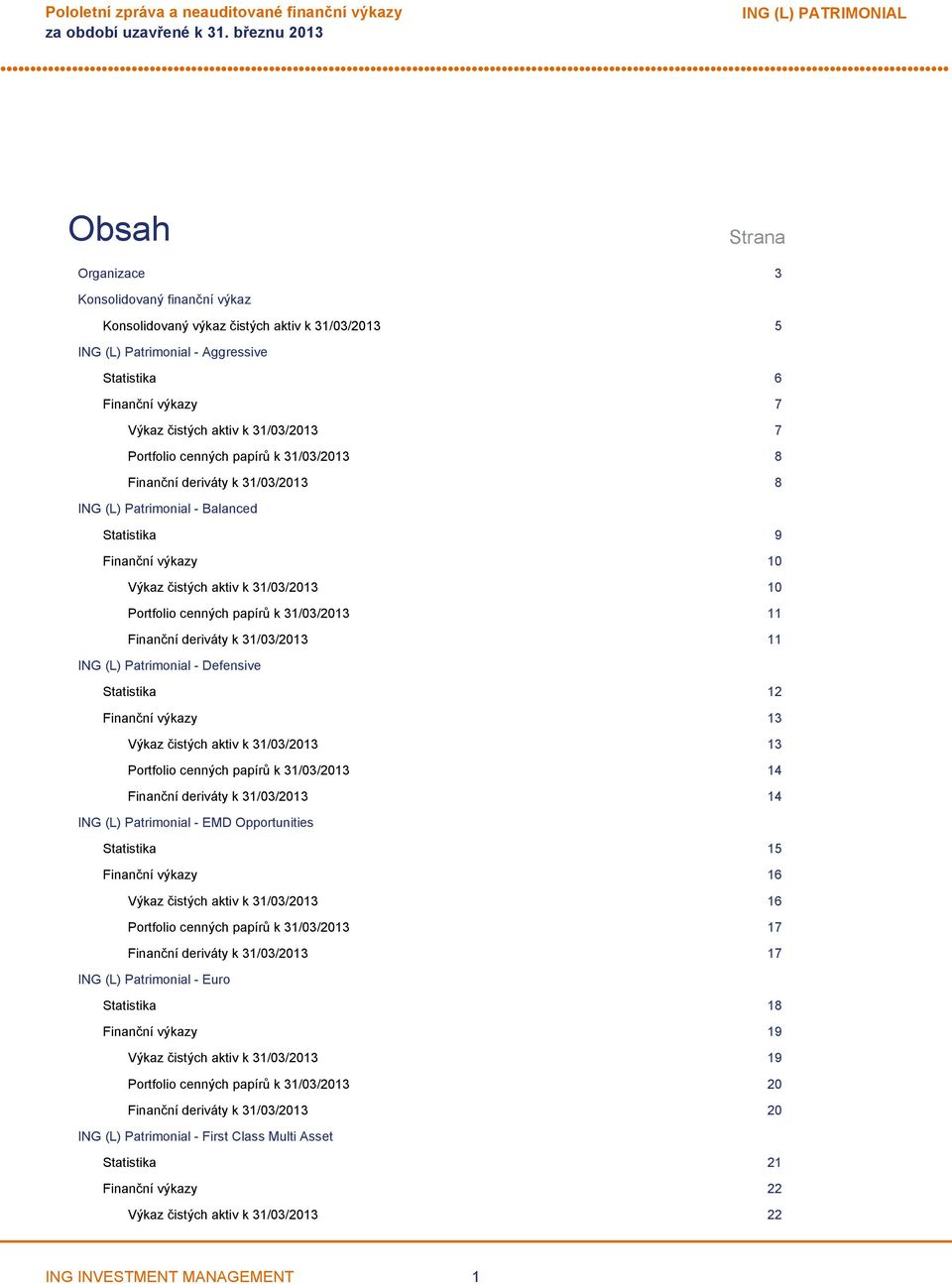 cenných papírů k 31/03/2013 11 Finanční deriváty k 31/03/2013 11 ING (L) Patrimonial - Defensive Statistika 12 Finanční výkazy 13 Výkaz čistých aktiv k 31/03/2013 13 Portfolio cenných papírů k